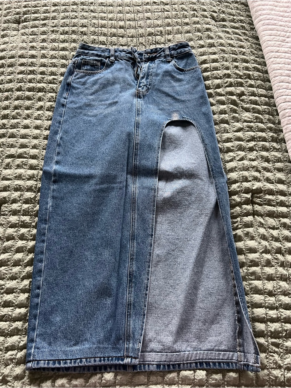 Amazon Women's Denim Maxi Skirt in Dark Blue with Light Blue Panel